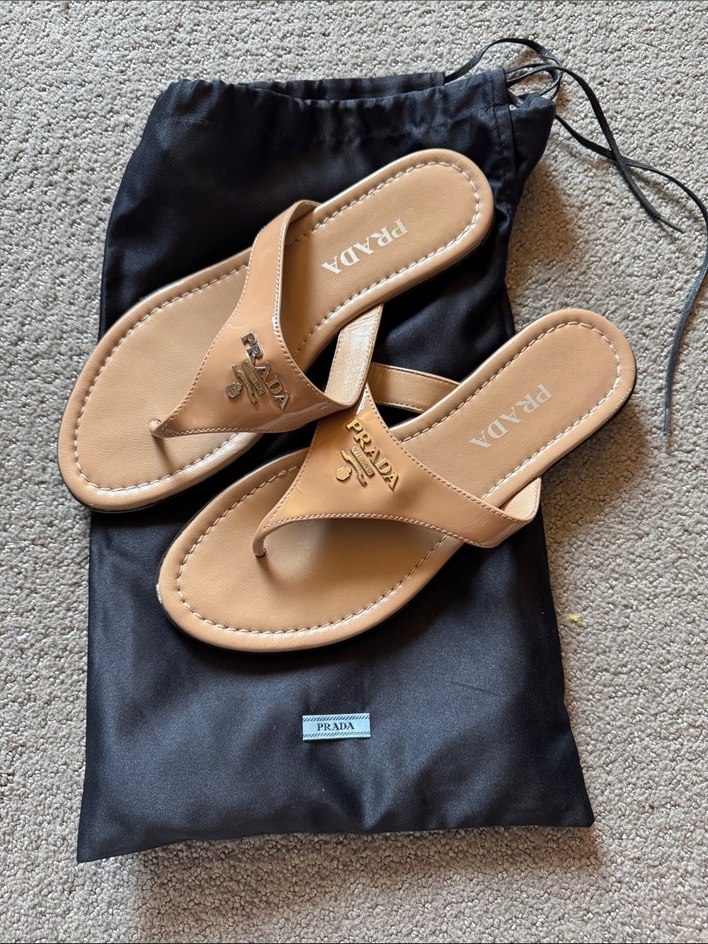 Prada Tan Leather Thong Sandals with Gold Logo size 37